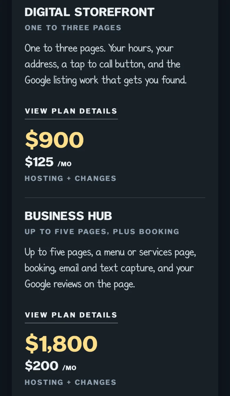 The price board on acmeridian.co on a phone: Digital Storefront, one to three pages, $900 to build and $125 a month; Business Hub, up to five pages plus booking, $1,800 and $200 a month.
