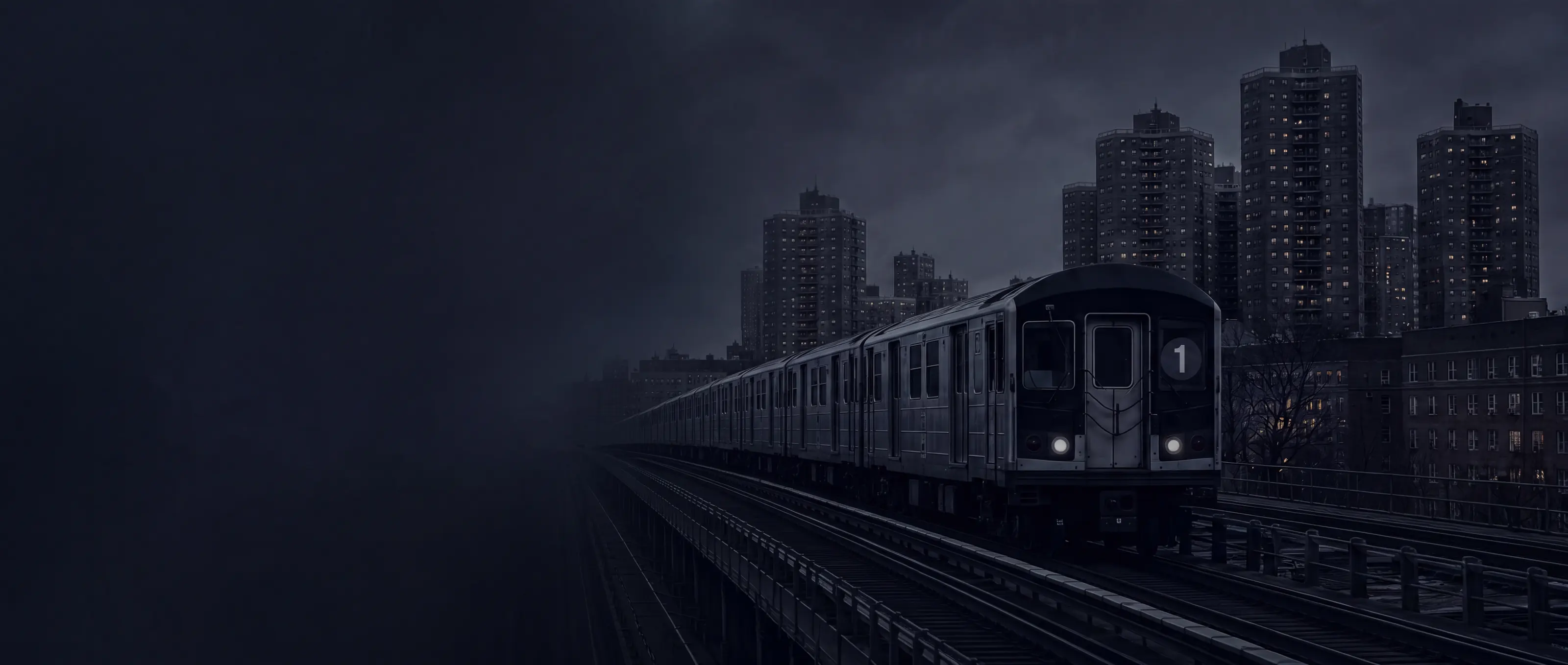 A number 1 subway train on elevated track at dusk, towers of lit windows behind it under a dark sky: the photograph the A&C Meridian site is built around.