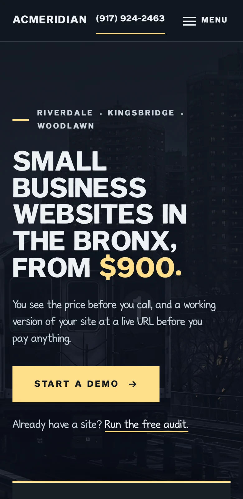 acmeridian.co on a phone: the studio name and phone number, the neighbourhoods Riverdale, Kingsbridge and Woodlawn, the headline Small business websites in the Bronx, from $900, a line about seeing the price before you call, a yellow Start a demo button, and the top rule of the price board.