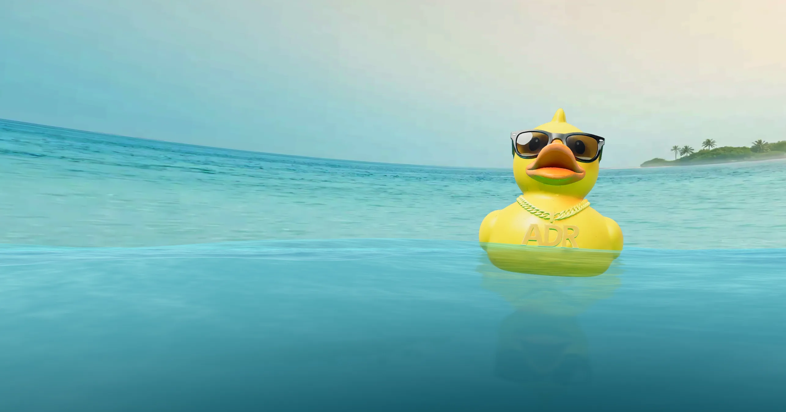 A yellow rubber duck in black sunglasses and a gold ADR chain floating on turquoise water, a small palm island on the horizon under a pale sky: a still from the Duckadrift site’s own water simulation.